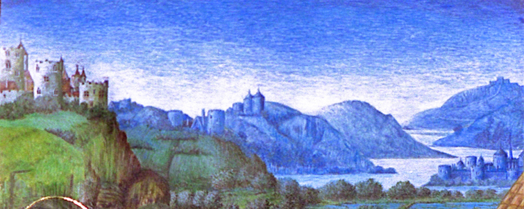 enluminure étiqutte de vin Grand Cru de Manbourg Enluminure Arthur & Lancelot f°1 v. plan de fuite « paysage »