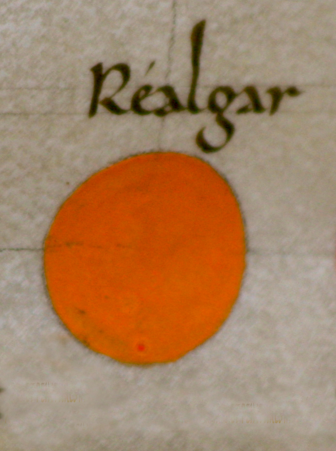 Pigment de réalgar. Enluminure Arthur & Lancelot f°1 v. plan de fuite « paysage »